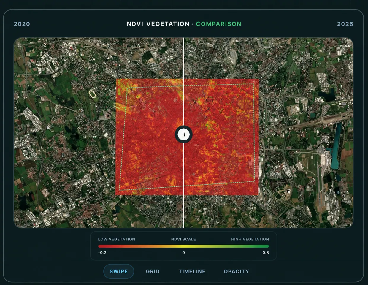 Aperçu illustratif de la Comparaison satellitaire en mode balayage NDVI entre 2020 et 2026